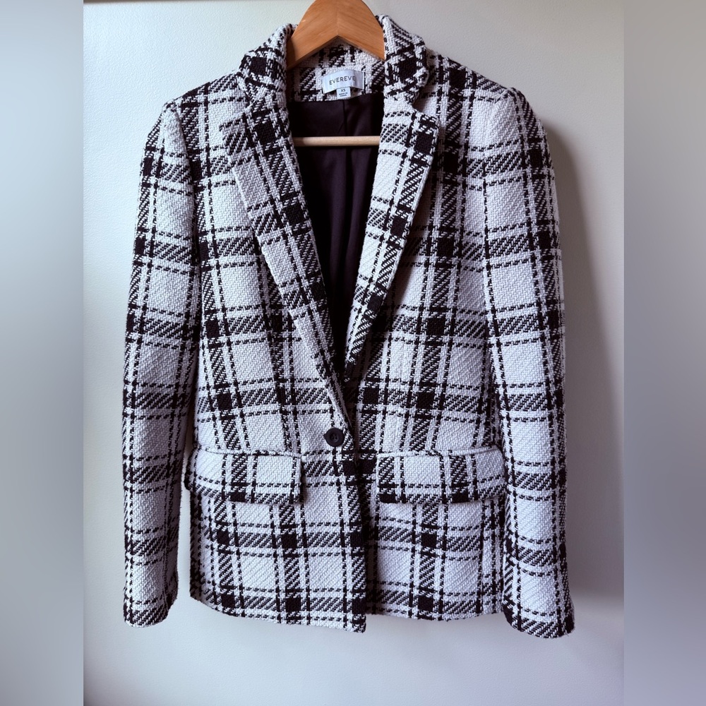 EVEREVE Kennedy‎ Blazer Jacket Windowpane Plaid Tweed Old Money Career Office XS